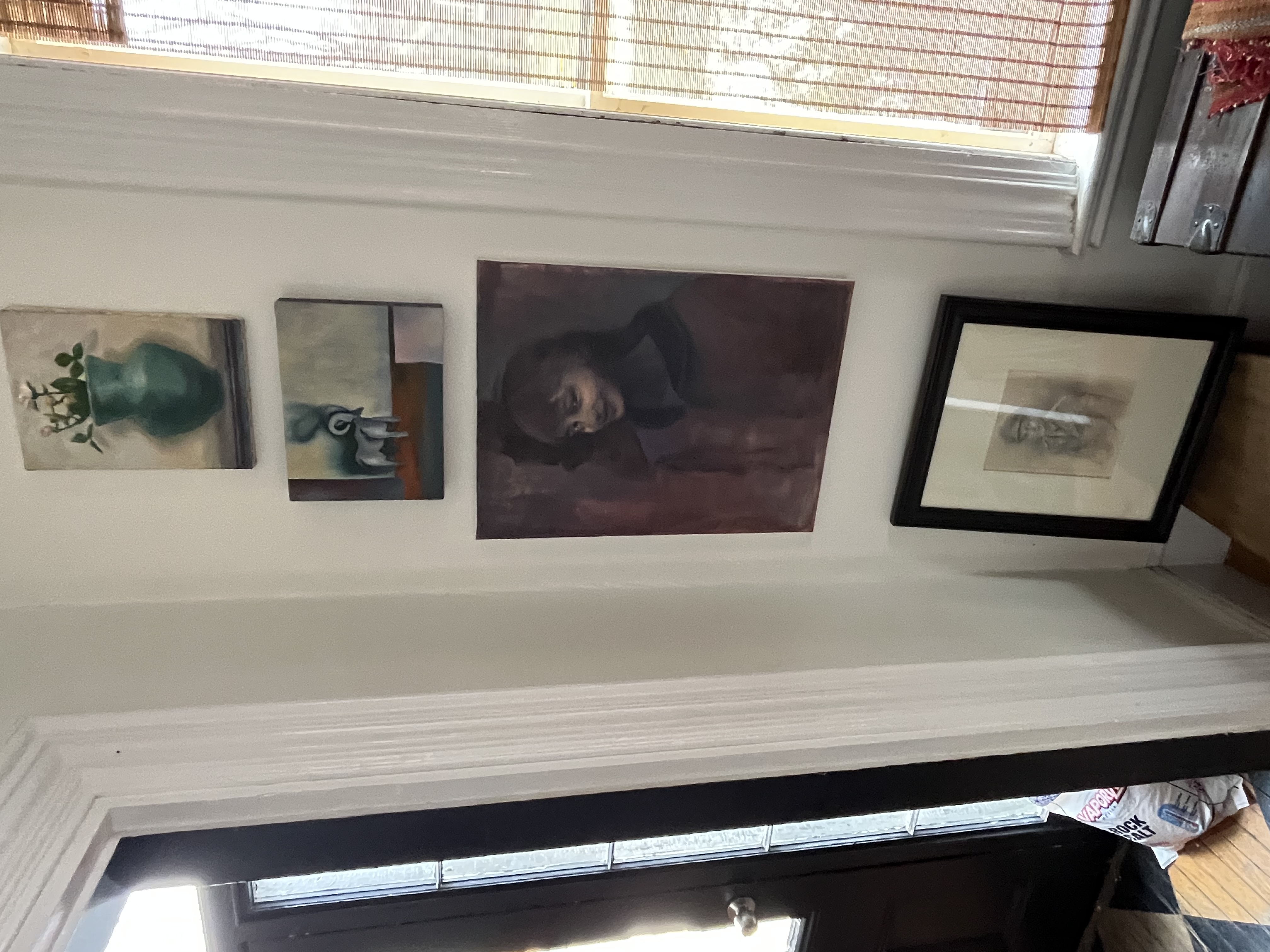 Column of four works: flower vase, ram still life, Caroline portrait, pencil drawing of George Kostoulakos